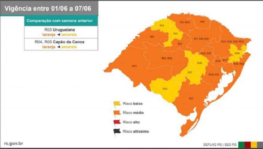 No mapa divulgado neste sábado, 30, bandeira laranja (risco médio) predomina