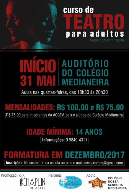 Curso é resultado de uma parceria com a Cia Chaplin de Artes. O início está programado para 31 de maio