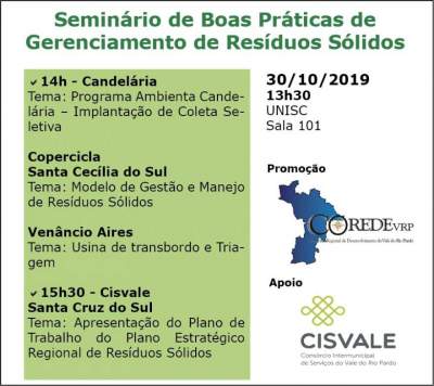Seminário de práticas de gerenciamento de resíduos sólidos acontece na próxima quarta, dia 30