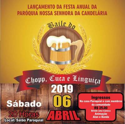 Sábado de baile do chopp, cuca e linguiça no salão paroquial