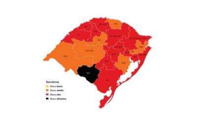 Covid-19: primeiro mapa do ano tem 13 regiões em bandeira vermelha e a região de Bagé na preta